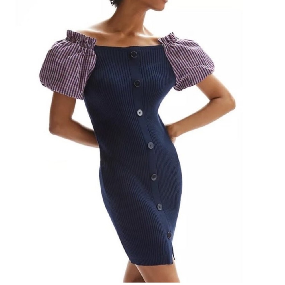 Maeve By Anthropologie Puff Sleeve Faux Button Knit Midi Dress. New!